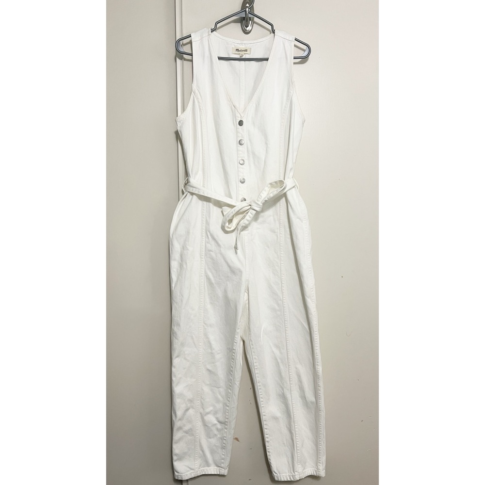 Madewell Denim Sleeveless Tie-Waist Jumpsuit in Tile White L